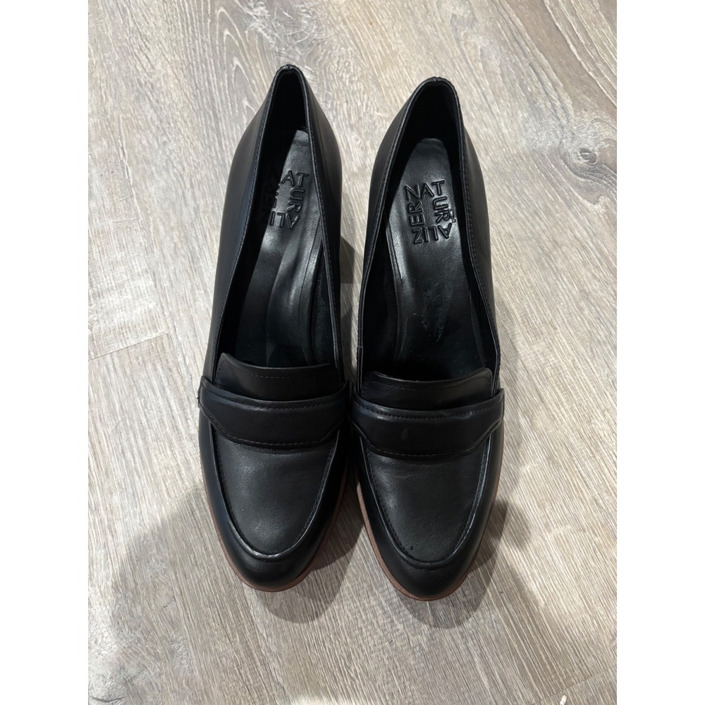 Naturalizer Black Leather Loafer Amble Block Heel Pumps Modern Classic 9.5M‎